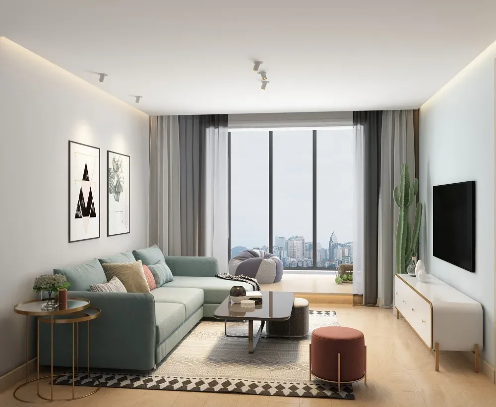 Modern living room interior with sofa, coffee table, wall art, track lighting, large window, and city view