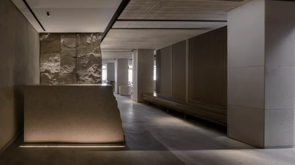 Minimalist interior corridor with recessed architectural lighting and textured stone walls
