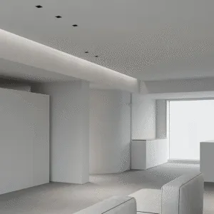 Minimalist modern interior with recessed ceiling lighting and soft indirect illumination
