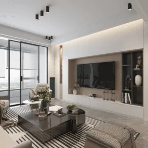 Modern living room with recessed ceiling lights, wall washer lighting, and minimalist interior design