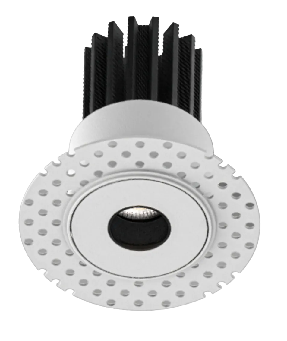 Recessed LED downlight with perforated trim, white bezel, and black aluminum heat sink isolated on transparent background