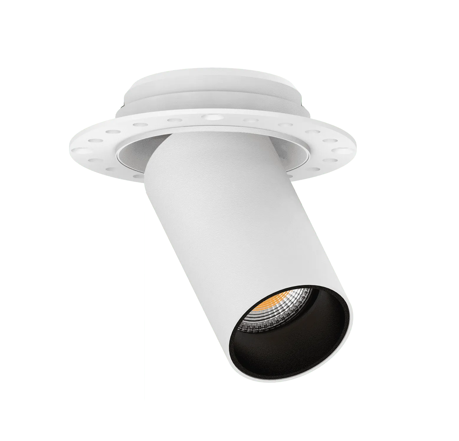 tilted recessed adjustable LED downlight with white cylindrical body and black inner reflector on transparent background