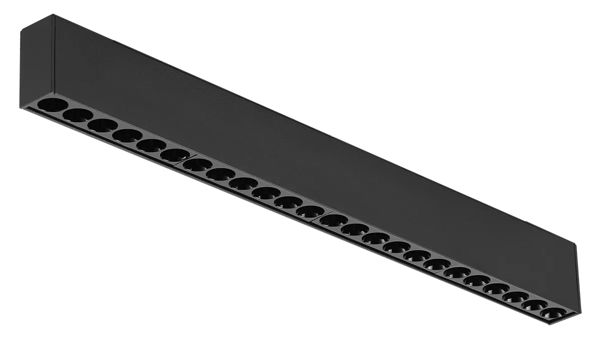 black linear surface-mounted LED light with multiple recessed round lenses