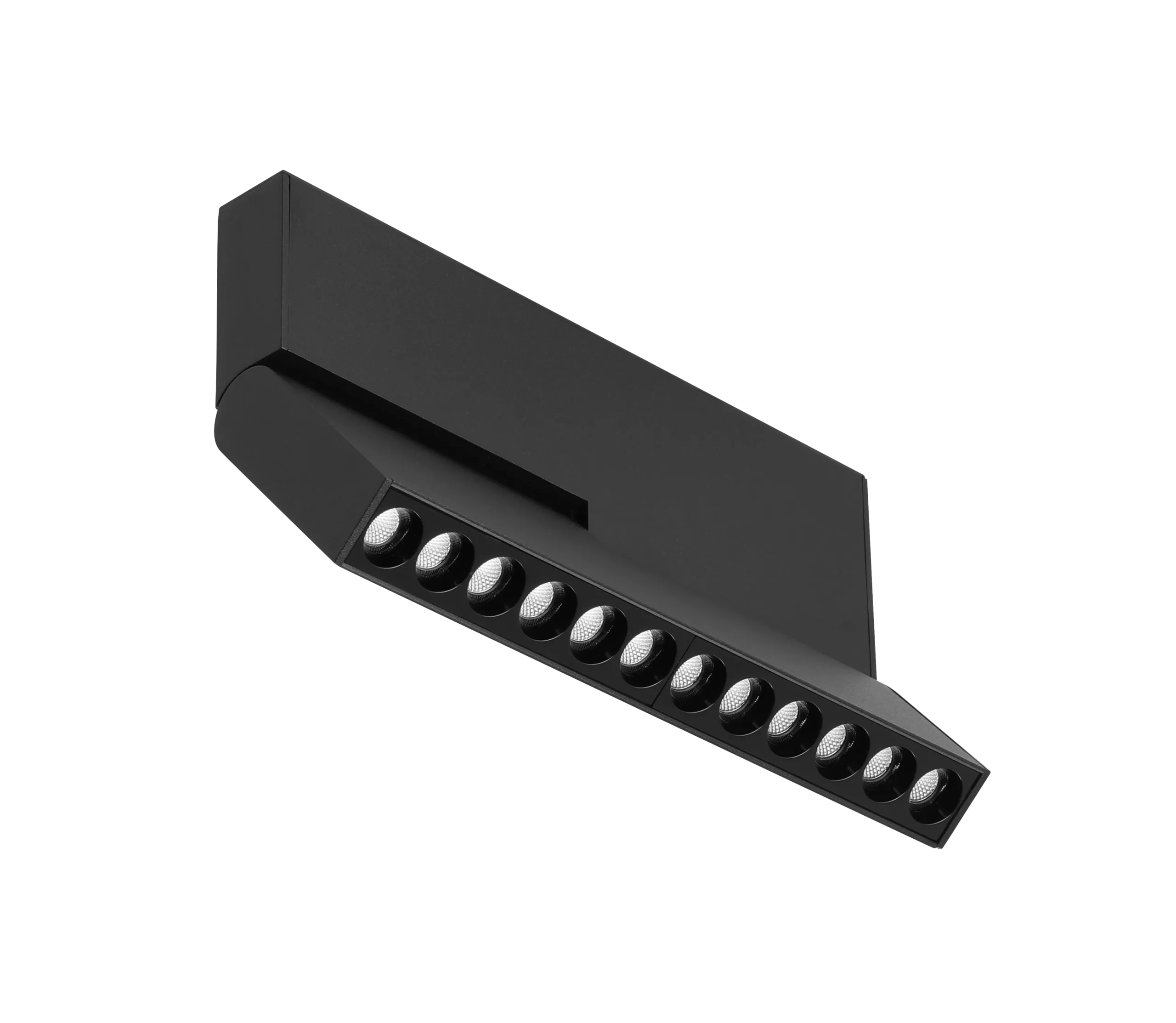 Black linear LED spotlight fixture with multiple adjustable lenses, modern architectural lighting solution by Nuordic for commercial and residential spaces