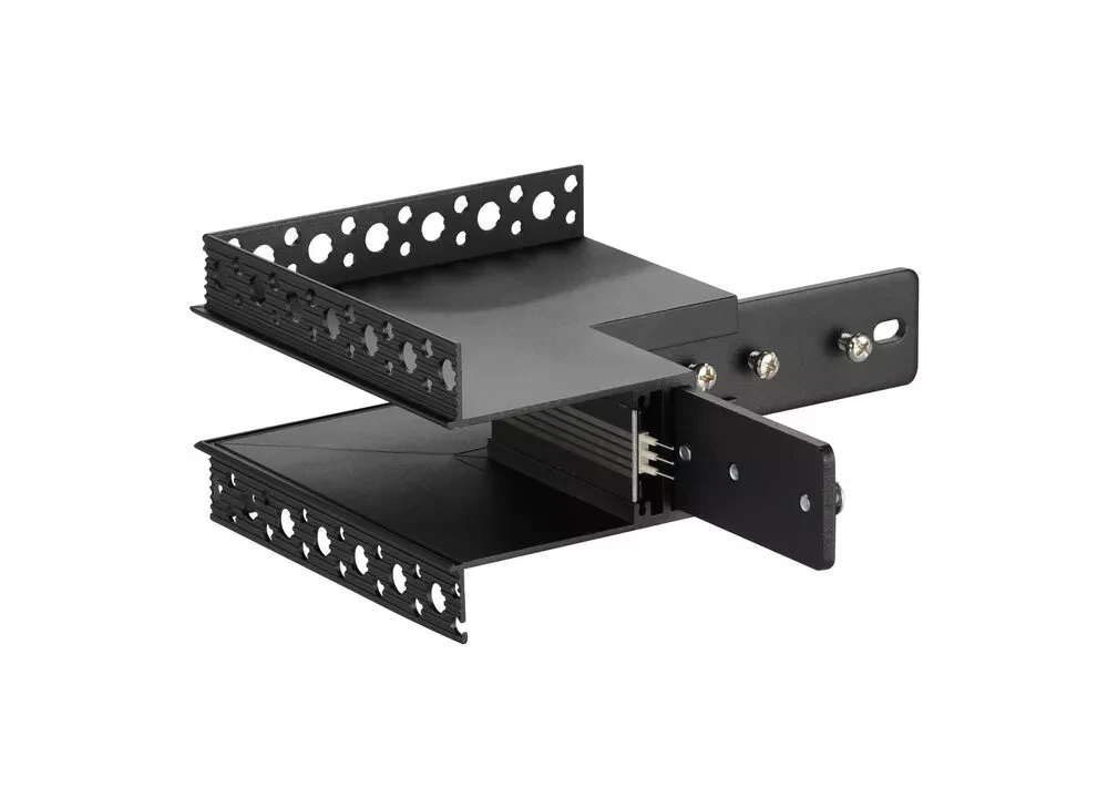 Adjustable black recessed linear light mounting bracket with perforated metal sides
