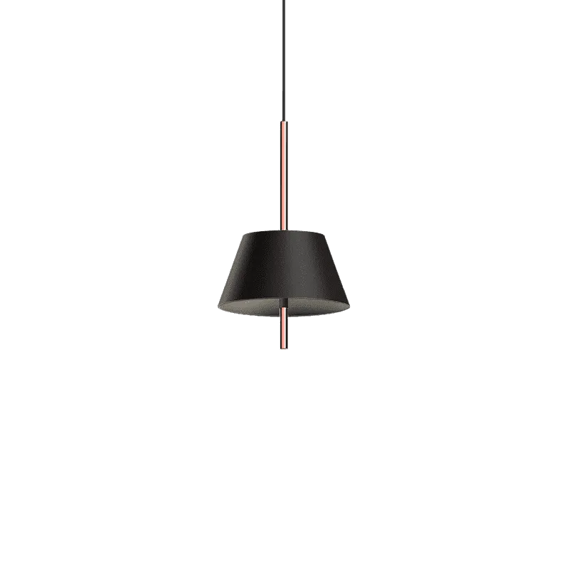 Modern black pendant light with conical shade and slim metallic suspension rod on a dark background
