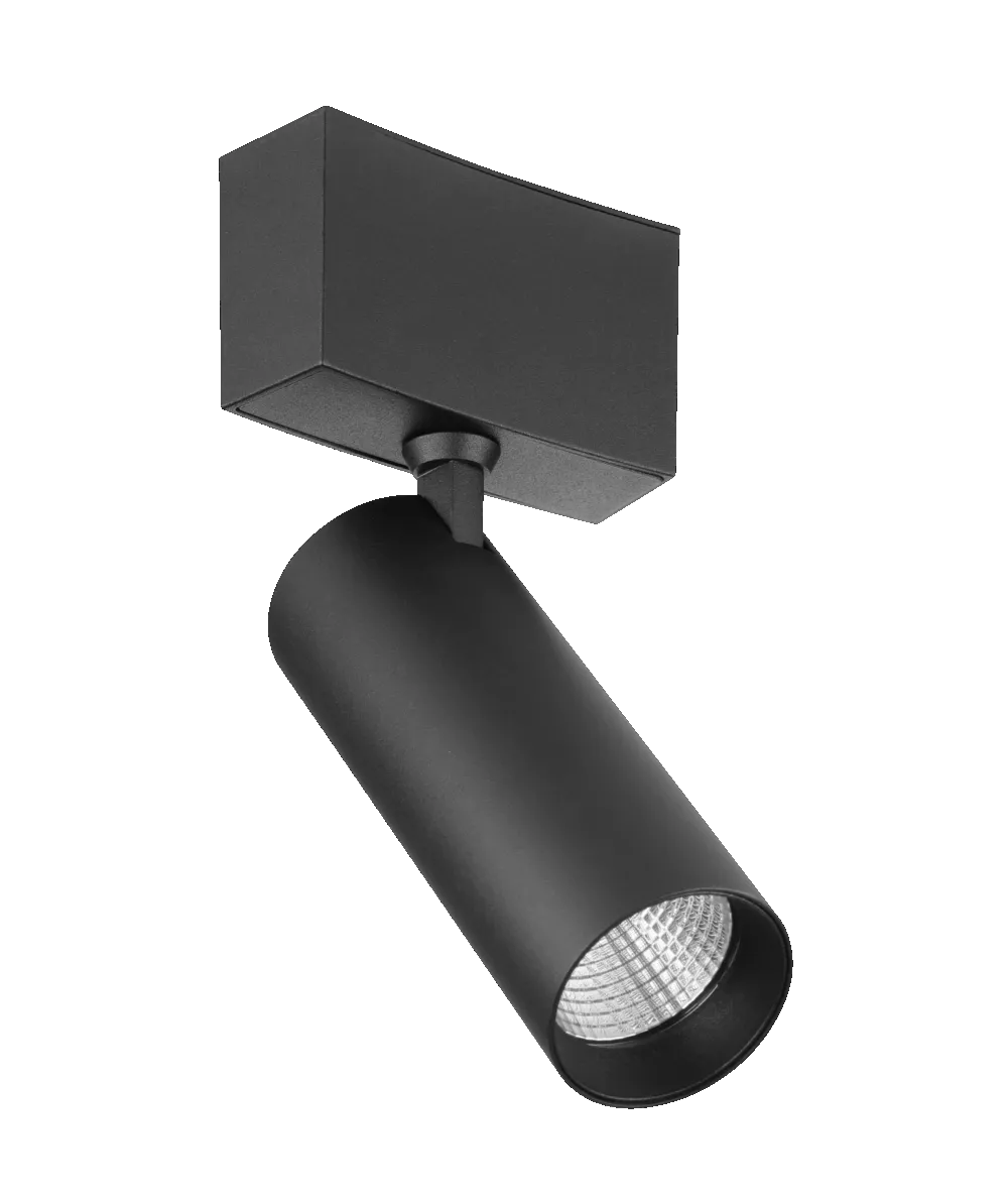 Adjustable black LED spotlight mounted on a square ceiling base with cylindrical lamp head
