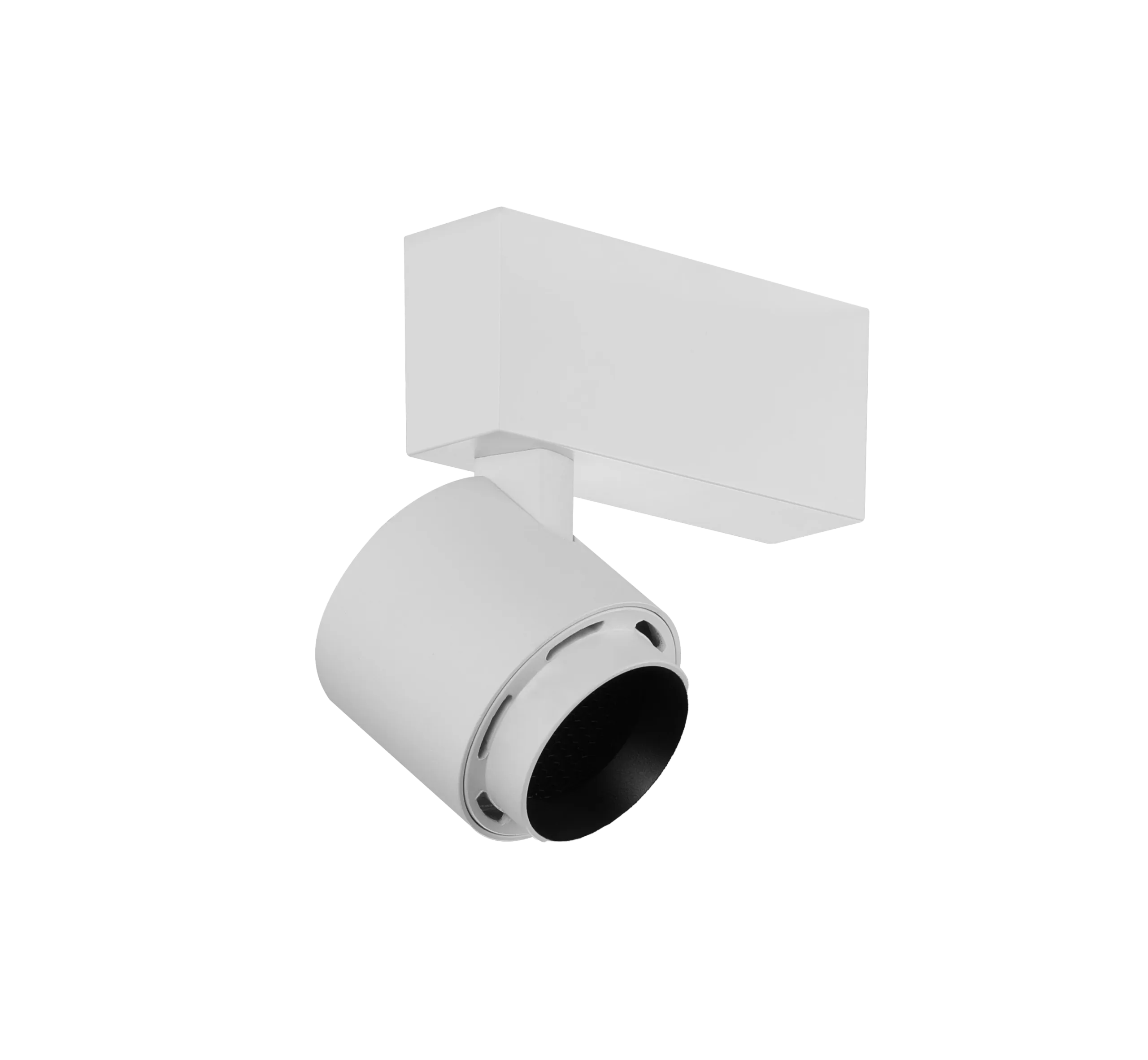 White adjustable LED spotlight with cylindrical head mounted on a rectangular ceiling base