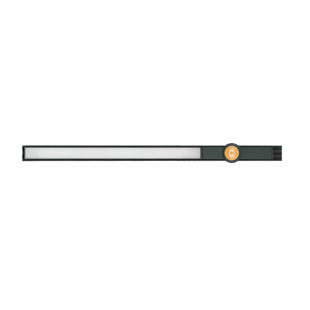 Slim linear LED light bar with integrated spotlight on a black background