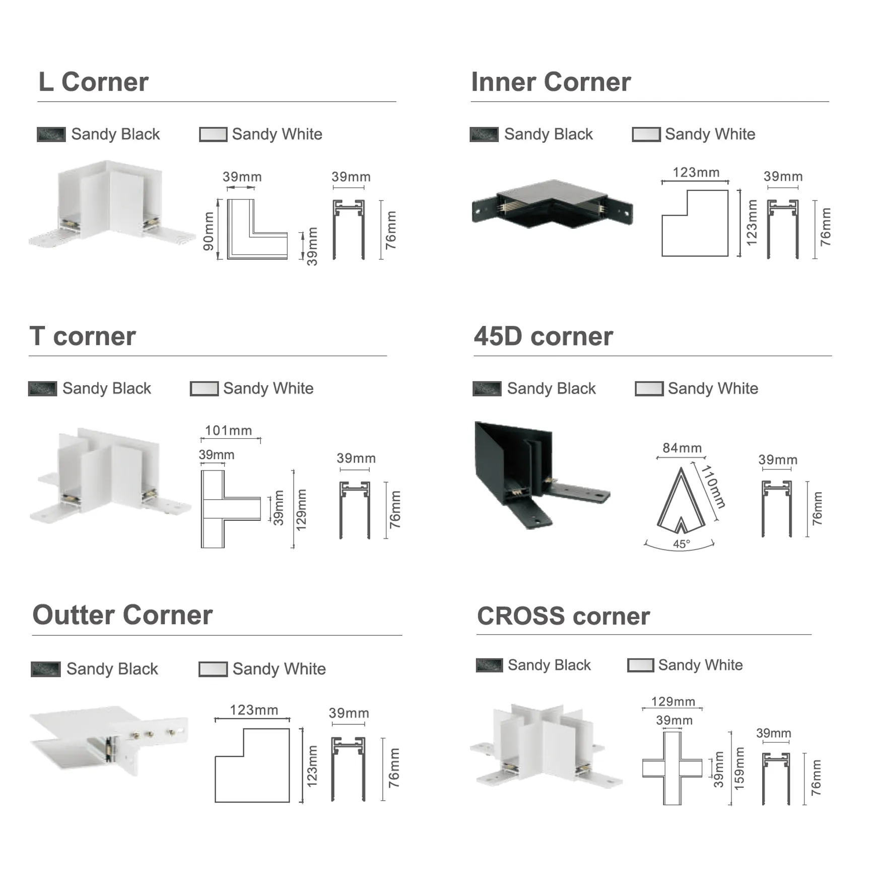 corner connector types for linear lighting system with dimensions and color options