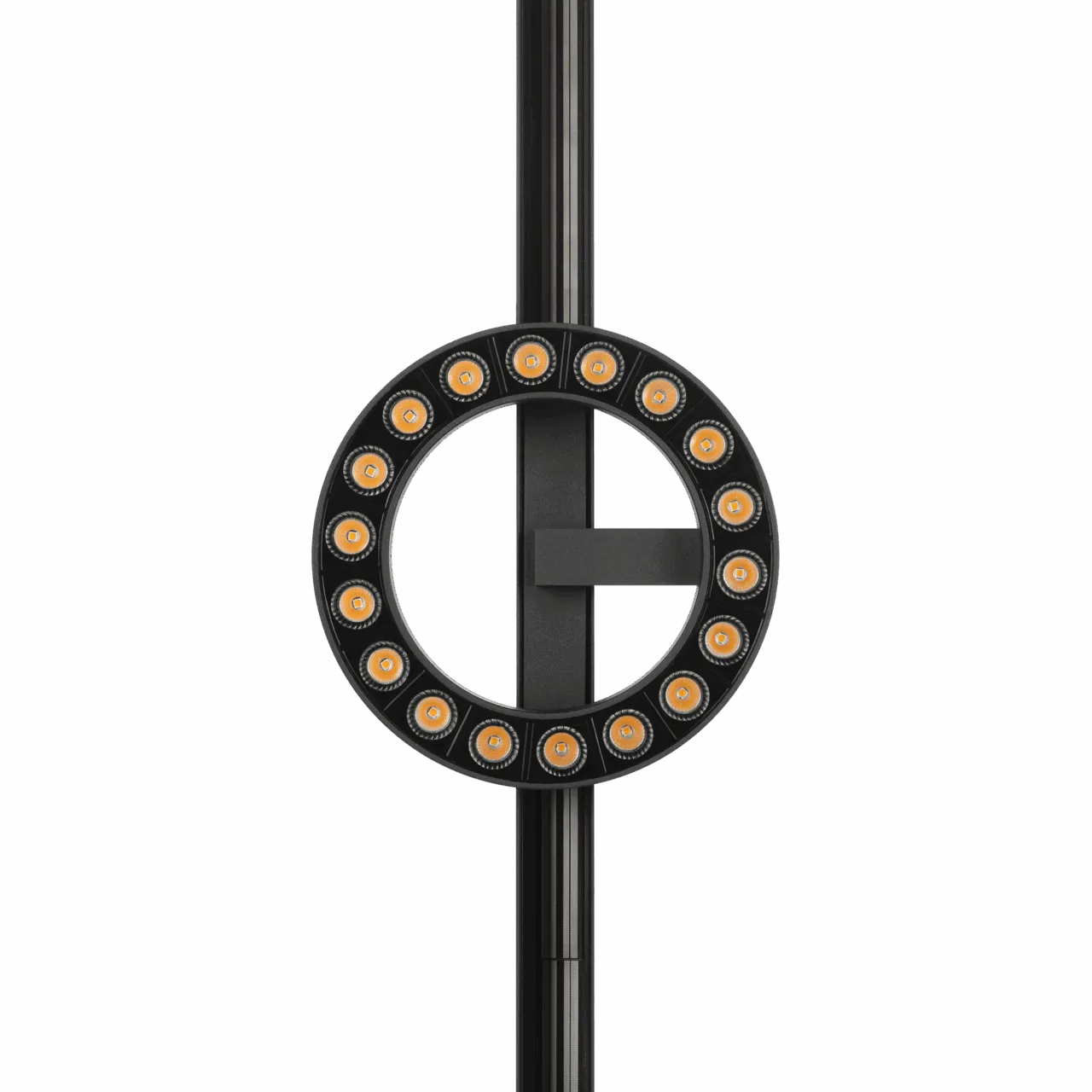 Circular LED ring light with multiple warm amber LEDs mounted on a vertical black track against a dark background