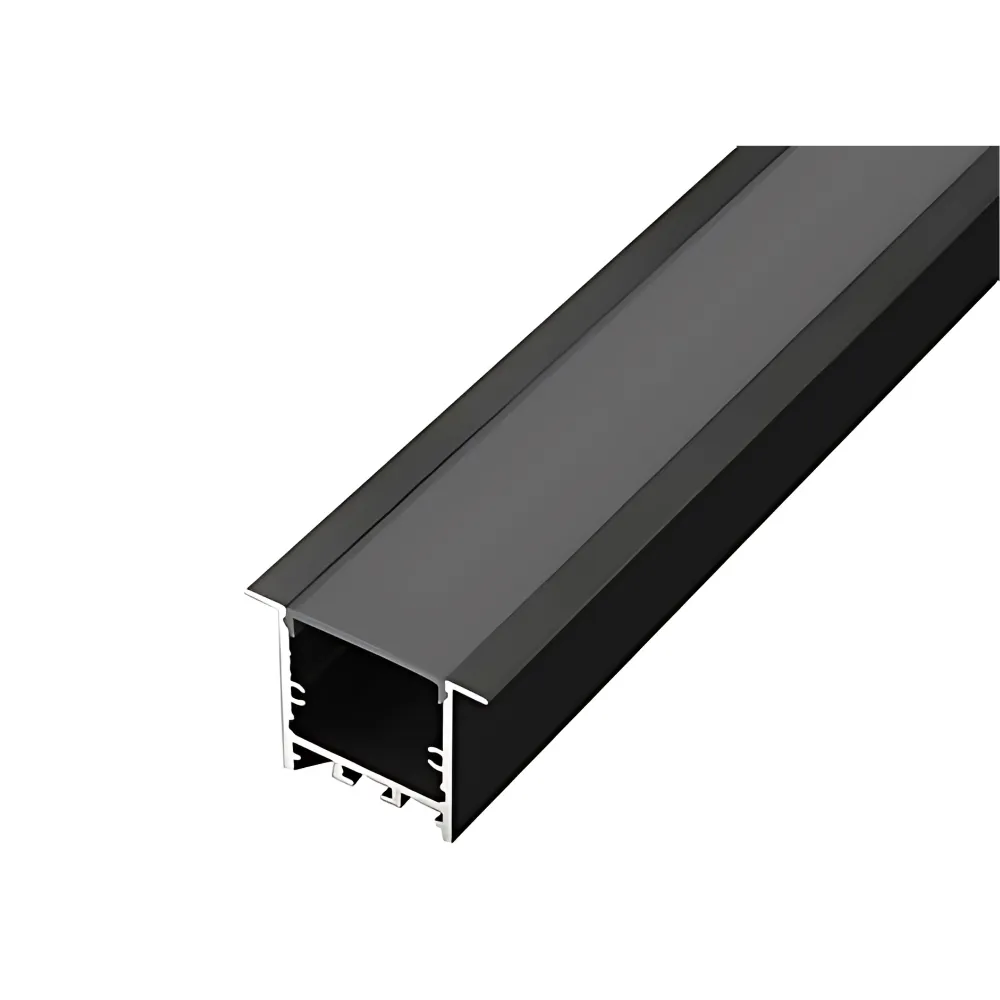 Black recessed aluminum LED profile with diffuser cover for linear ceiling lighting