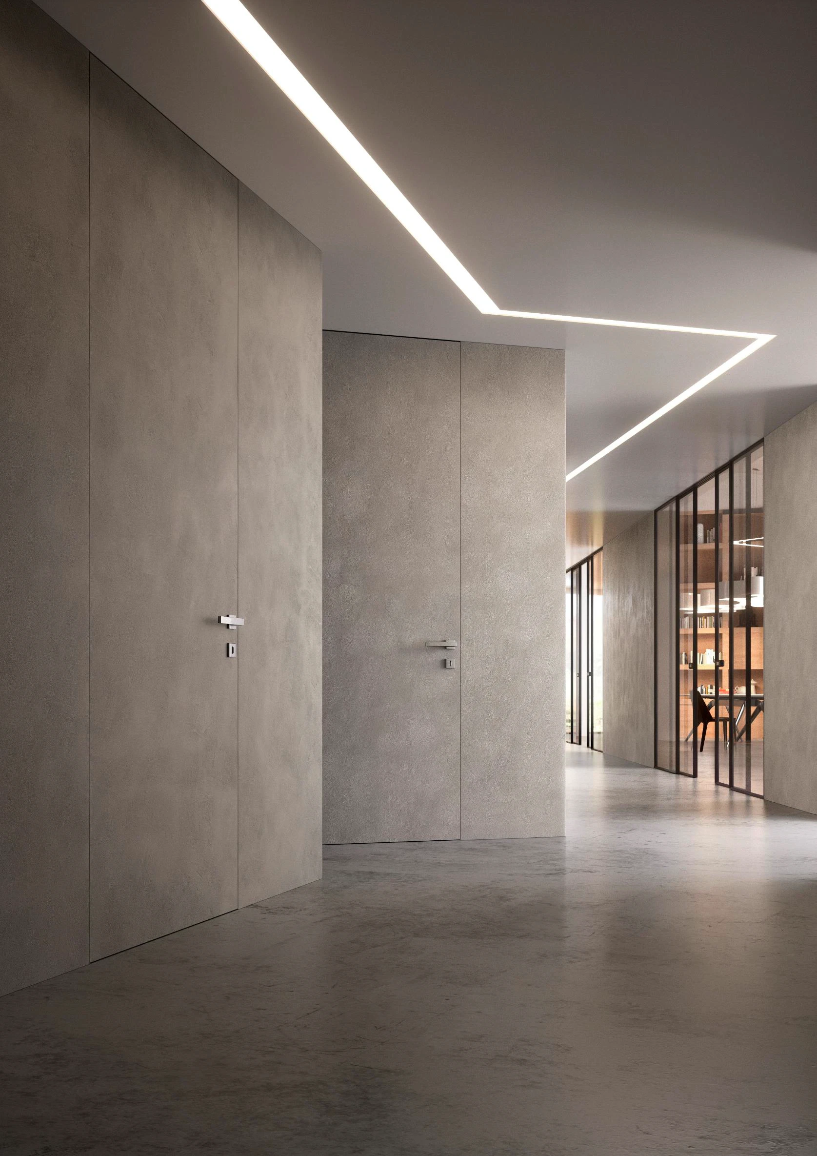Modern minimalist interior hallway with recessed linear LED ceiling lighting