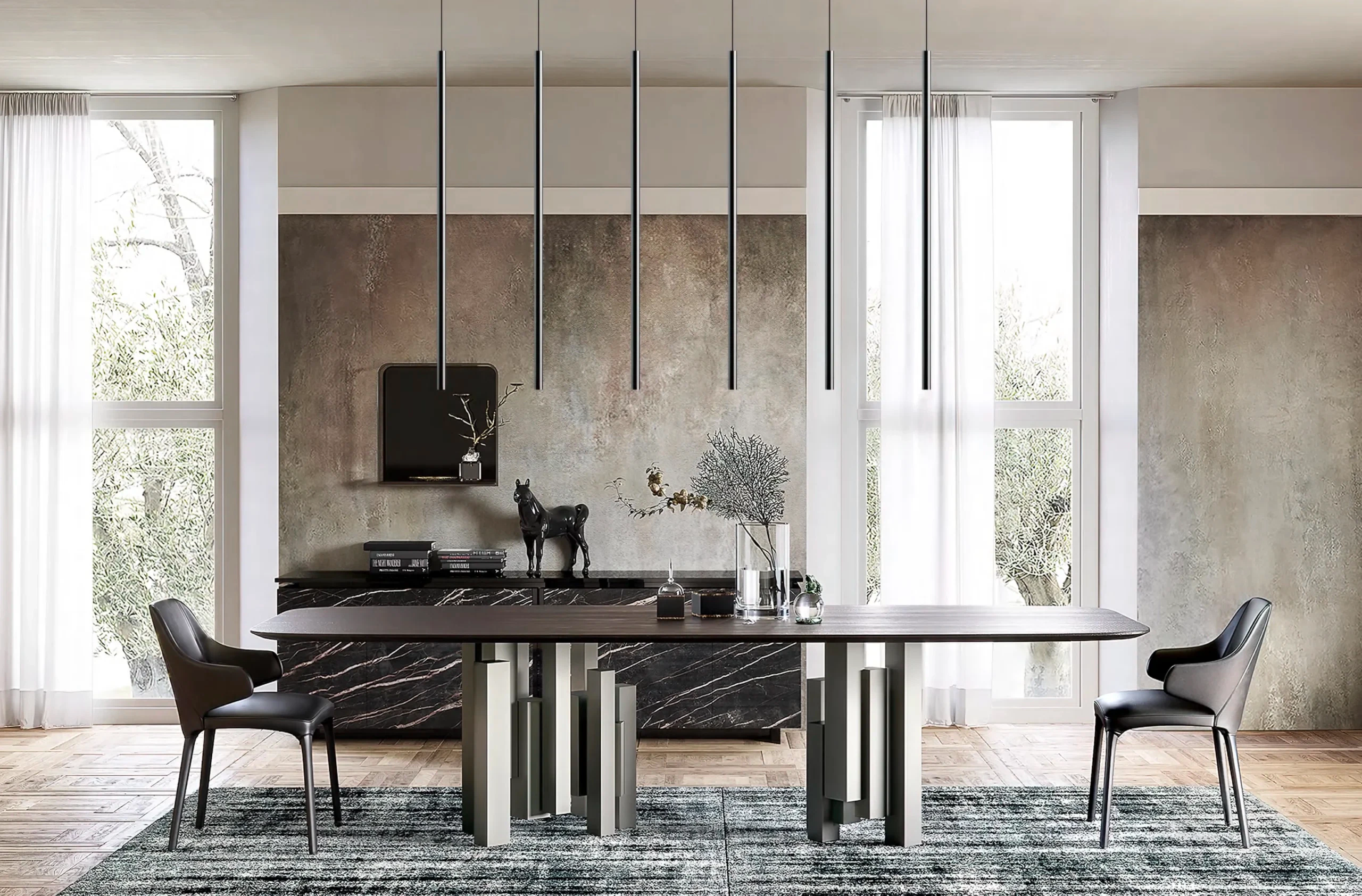 Modern dining room interior with minimalist black pendant lights over wooden table