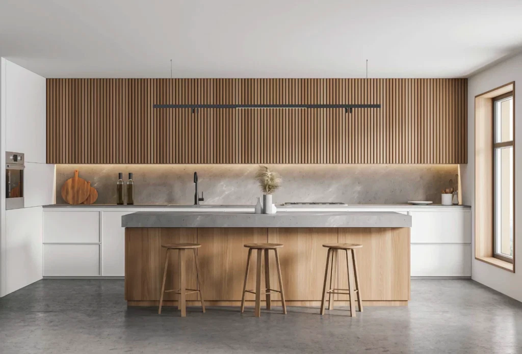 Modern minimalist kitchen with wooden slat wall, island counter, and linear pendant light
