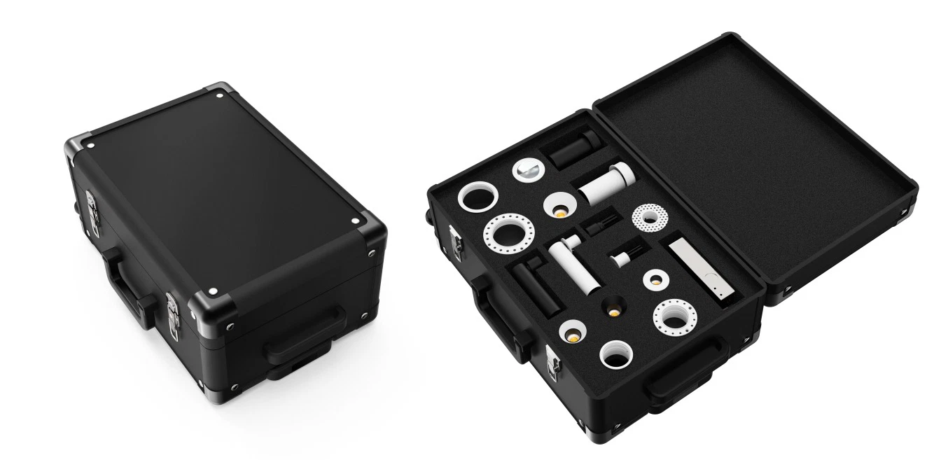 Black protective case with modular LED lighting components and accessories