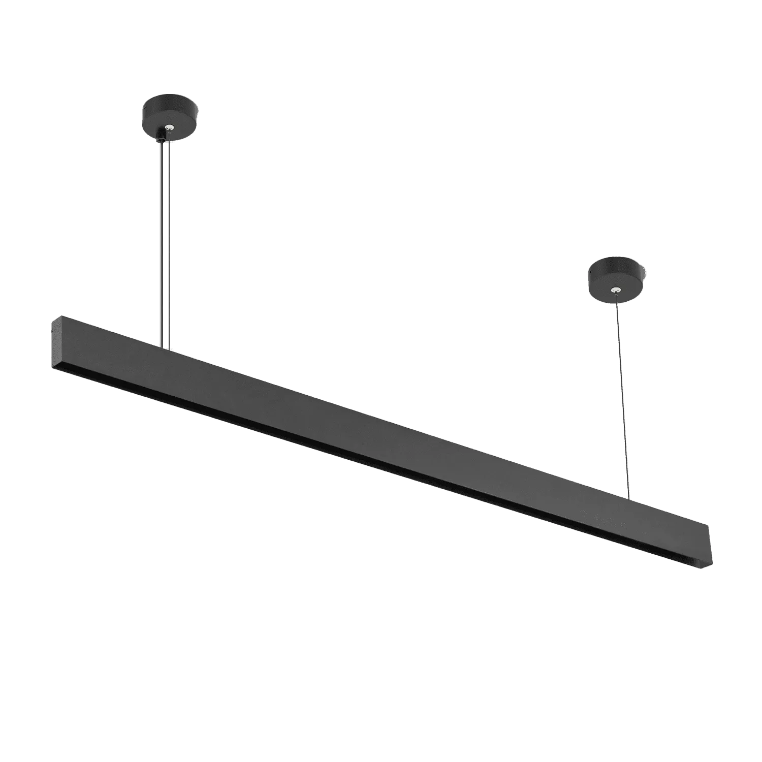 Minimalist black linear LED pendant light suspended from ceiling for modern kitchen or office lighting