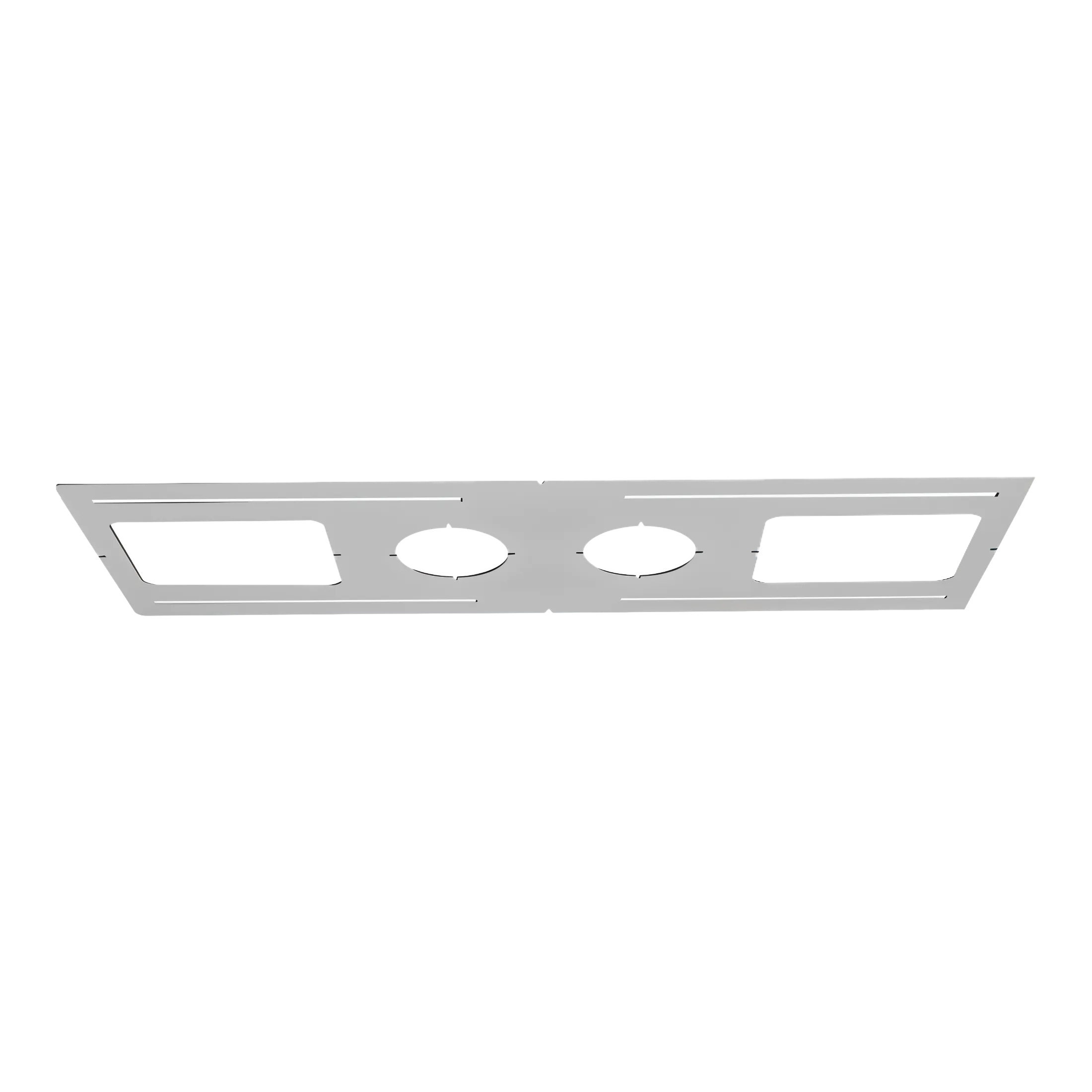 Stainless steel metal panel with rectangular and circular cutouts on a black background