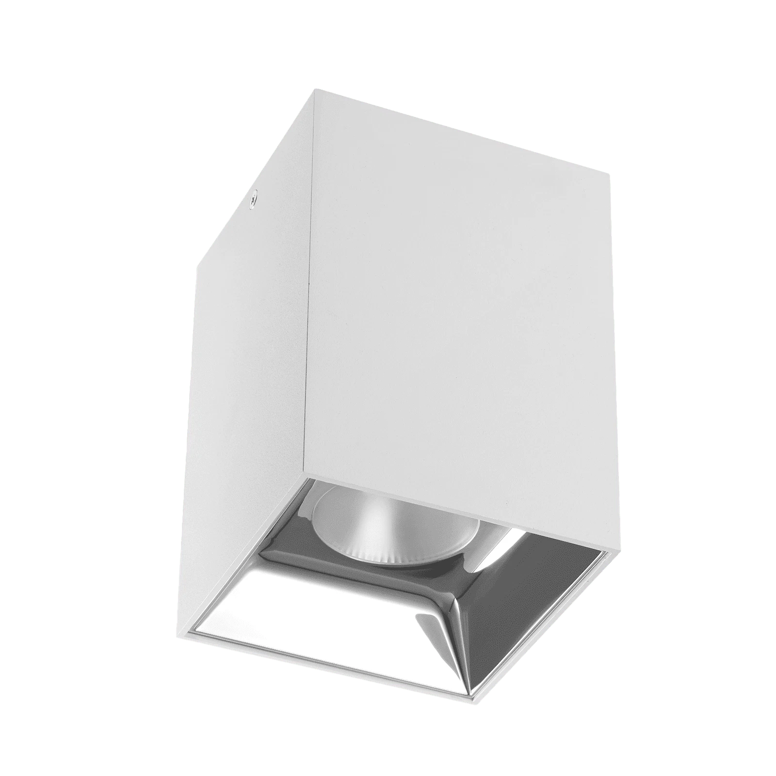 White surface-mounted LED downlight with square housing and recessed reflector on a black background