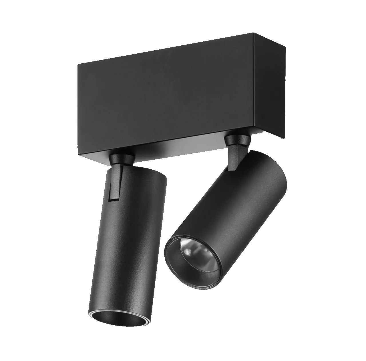 Black dual adjustable surface-mounted LED spotlight with rectangular base and cylindrical heads for modern Nordic interior lighting isolated on black background